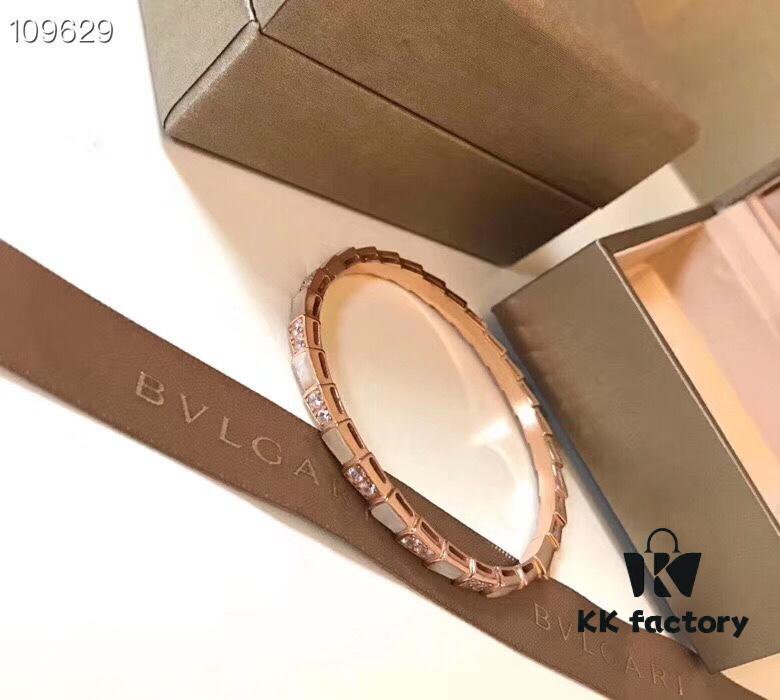 BVLGARI Classic Reimagined Natural Shell Snake Bangle Bracelet in Rose Gold with Diamond Accents, Premium 925 Sterling Silver Thick Gold Plated with Mother of Pearl