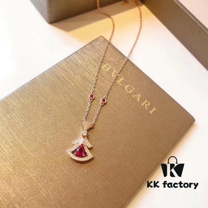 Bvlgari Diva Series Necklace, Same as Wang Ou's Style, Red Diamond, Hollow-out Dress Design, Premium German Imported S925 Sterling Silver with Thick Gold Plating