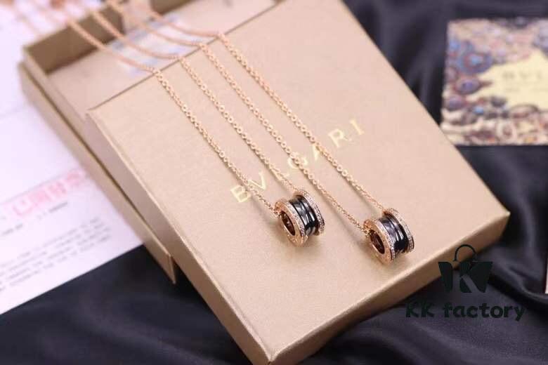 Bvlgari Sterling Silver Full Diamond Rose Gold Black Ceramic Necklace