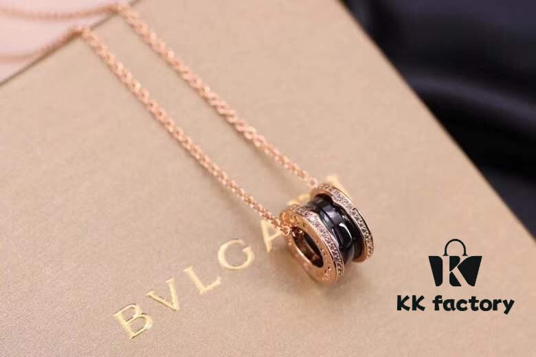 Bvlgari Sterling Silver Full Diamond Rose Gold Black Ceramic Necklace