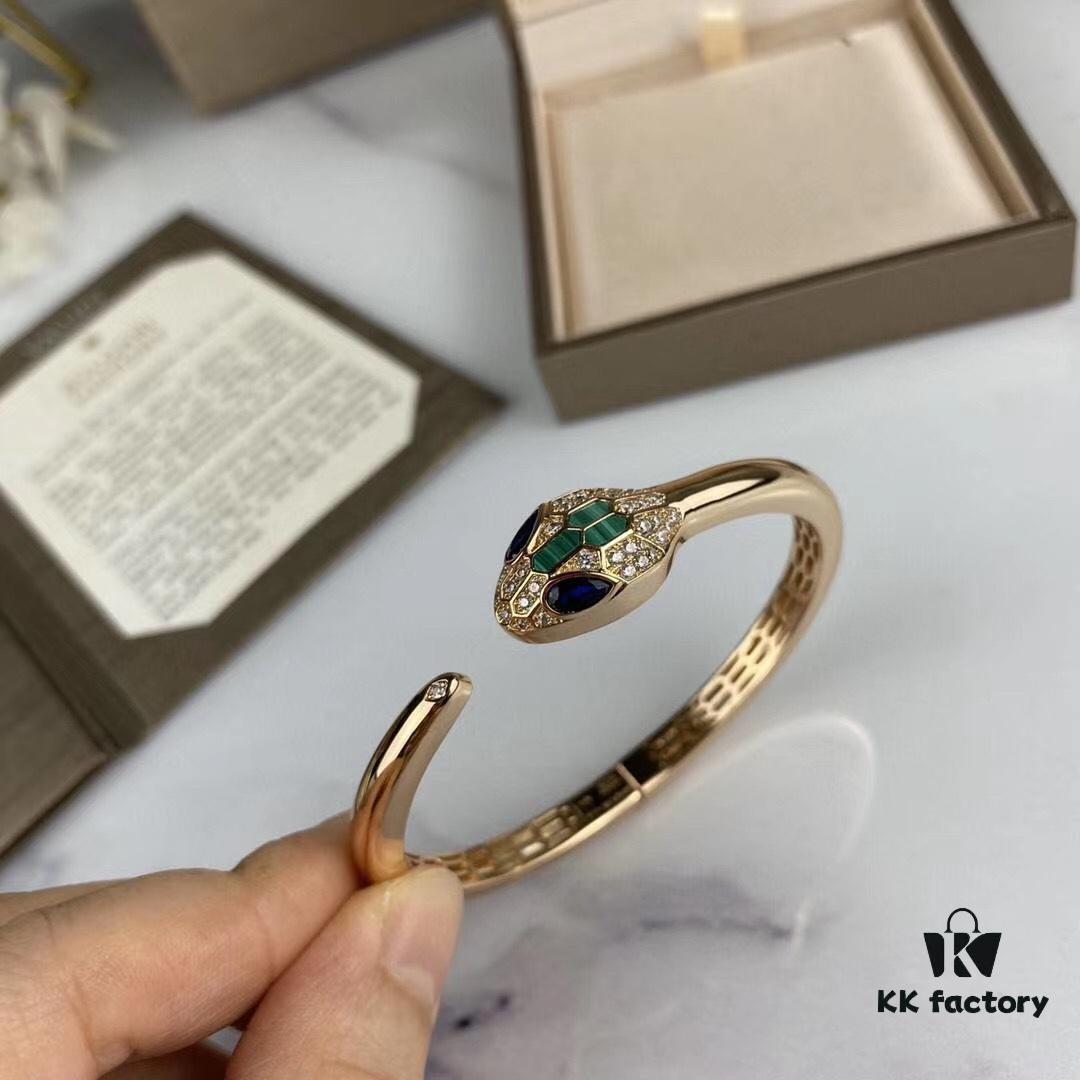 BVLGARI Natural Malachite + Premium White Mother of Pearl Bracelet, Upgraded Luxury Snake Design with Imported Craftsmanship, High-Carbon Diamonds on Snake Head, Gold Plating, Vivid and Lifelike