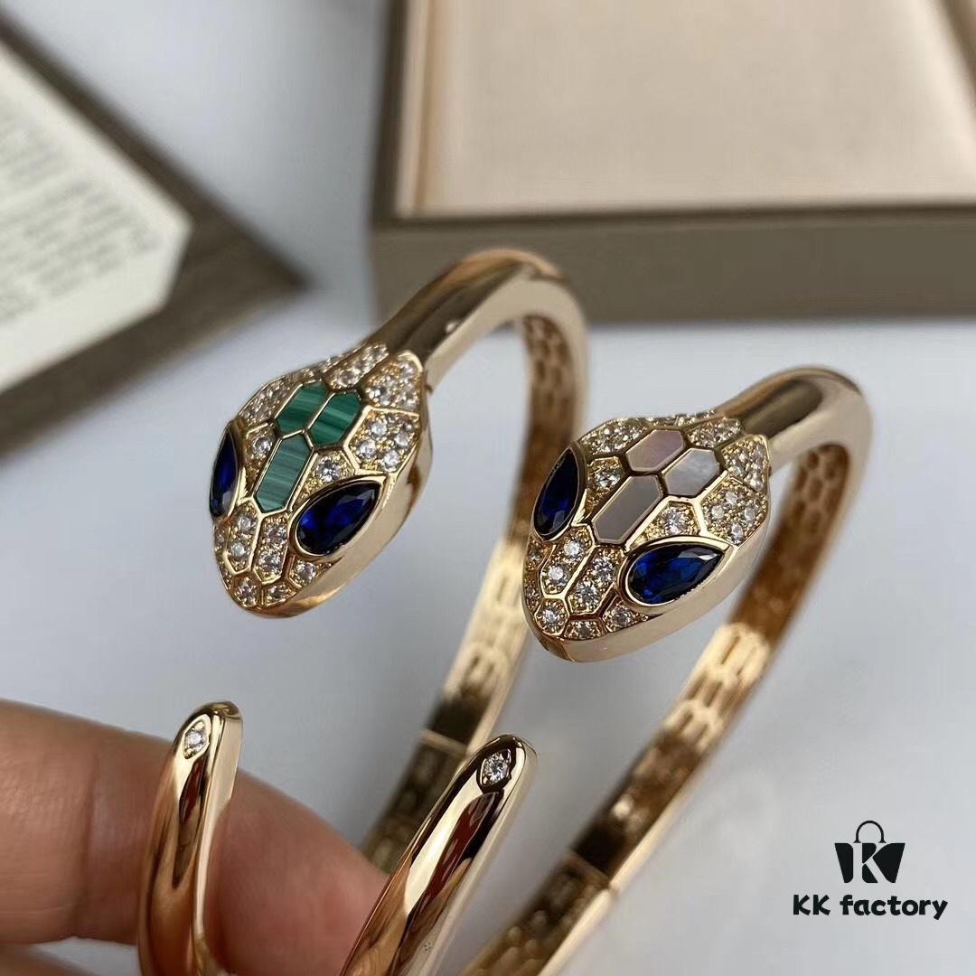 BVLGARI Natural Malachite + Premium White Mother of Pearl Bracelet, Upgraded Luxury Snake Design with Imported Craftsmanship, High-Carbon Diamonds on Snake Head, Gold Plating, Vivid and Lifelike