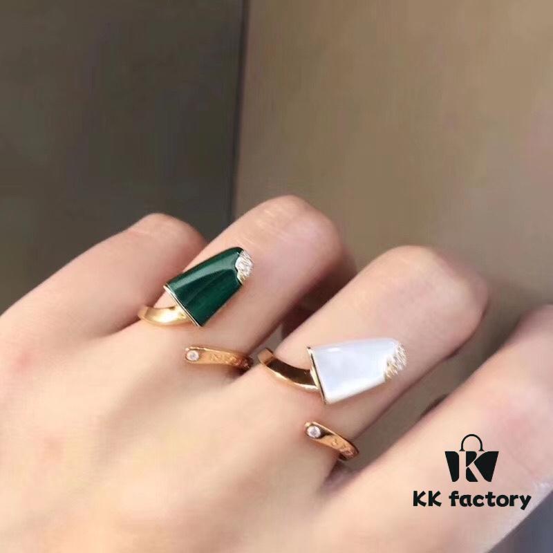 BVLGARI Summer Cool - Bulgari's Latest Ice Cream Ring, Open-Style Ring with S925 Sterling Silver Inlaid with White Mother-of-Pearl, Malachite, and Onyx, 18K Rose Gold Plated, Precise Craftsmanship, Sealed Back with Logo Engraving, Pink for Qixi Festival