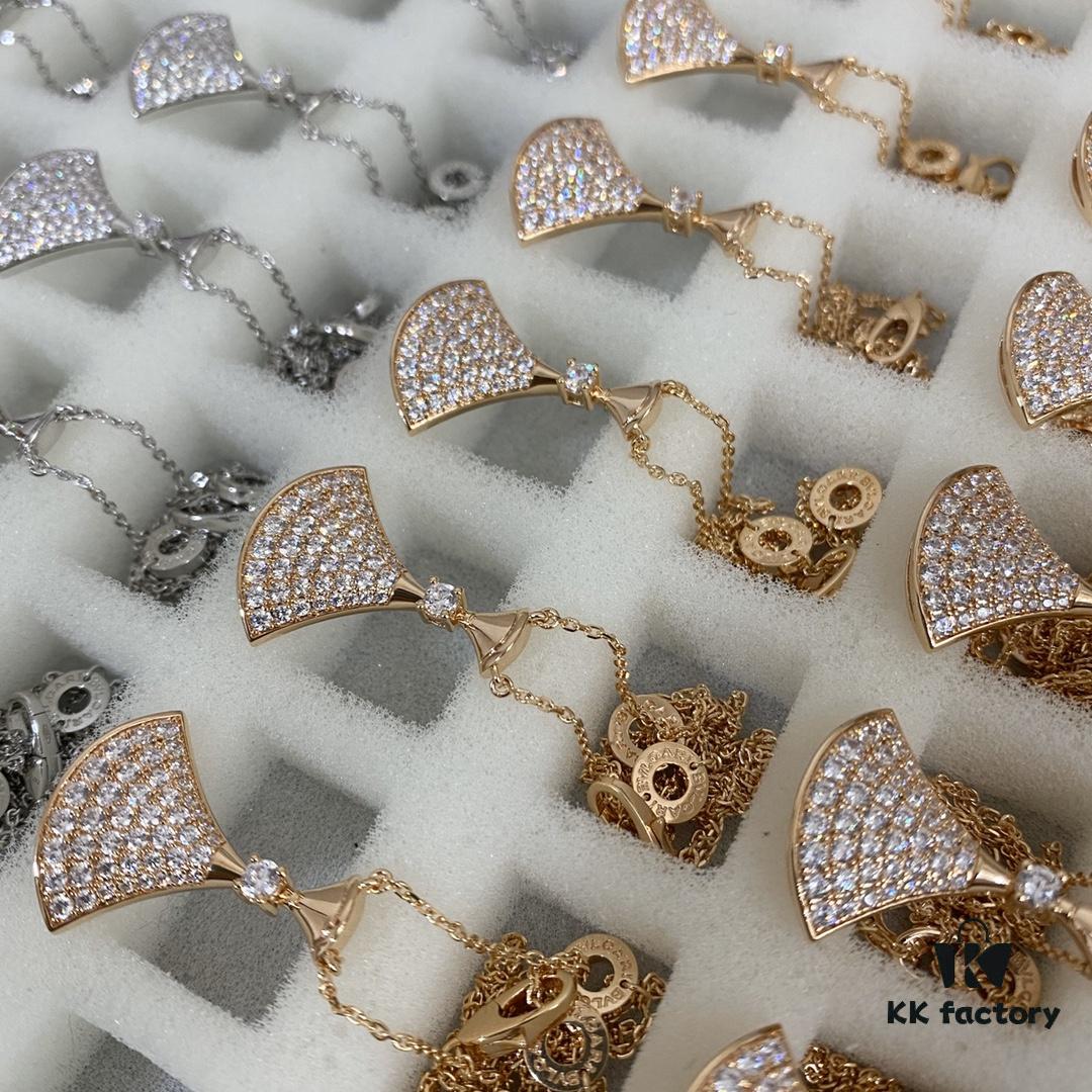 BVLGARI Double Tower Full Diamond Fan-shaped Necklace! ZP Prototype, CNC Craftsmanship! Hand-set, Counter Mark with Perfect Details, Sterling Silver Plated with Micro Gold