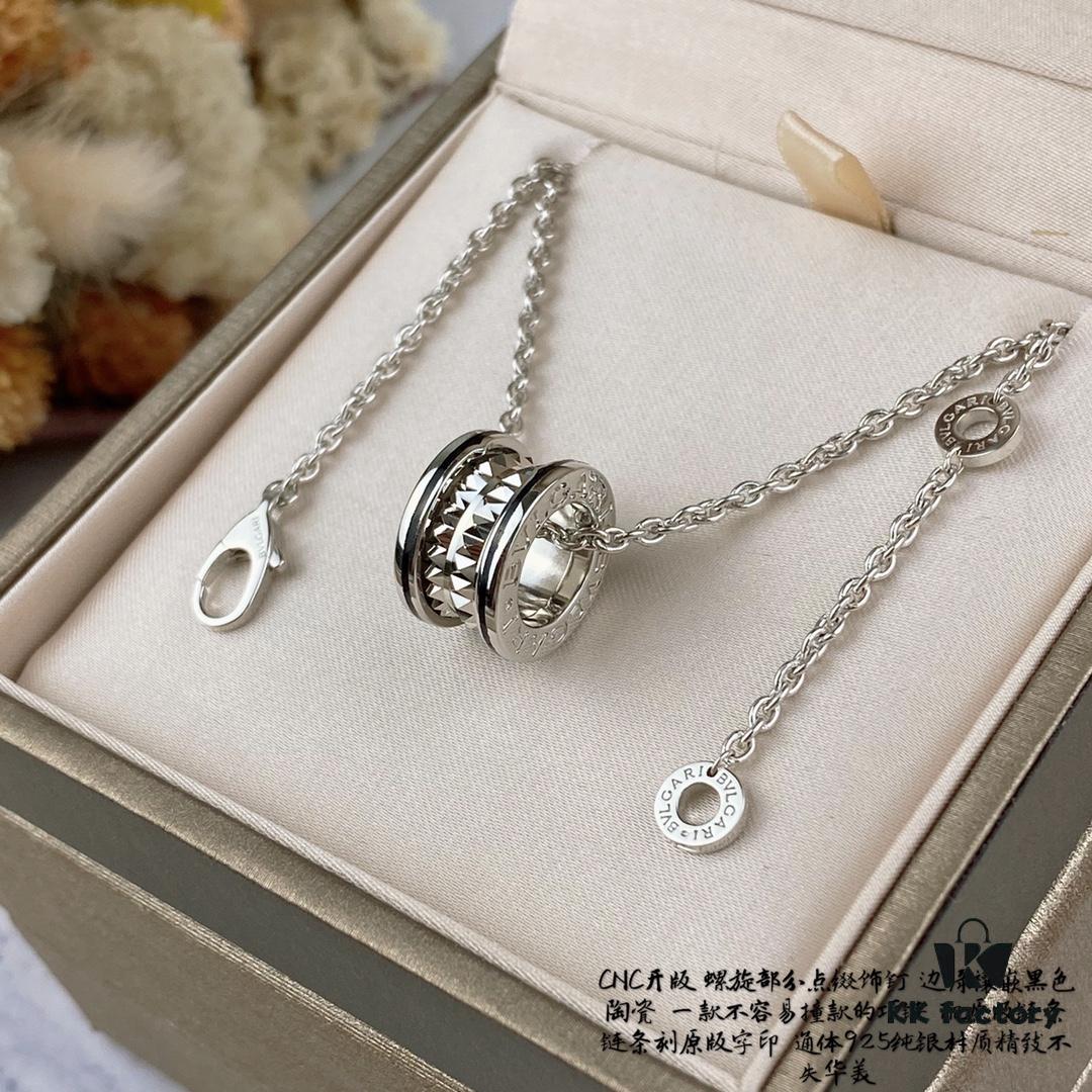 New Two-Tone 925 CNC High-Quality Bulgari Spiral Necklace with Studs and Black Ceramic Edge