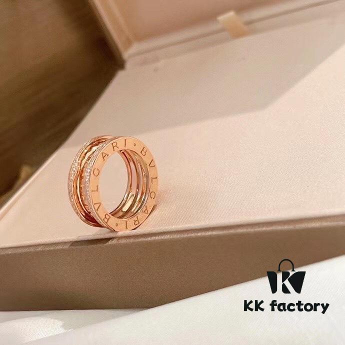 New BVLGARI B.zero1 Rock Series Spring Ring with Rivet Design, Full Diamond Inlay, Unisex Couple Rings