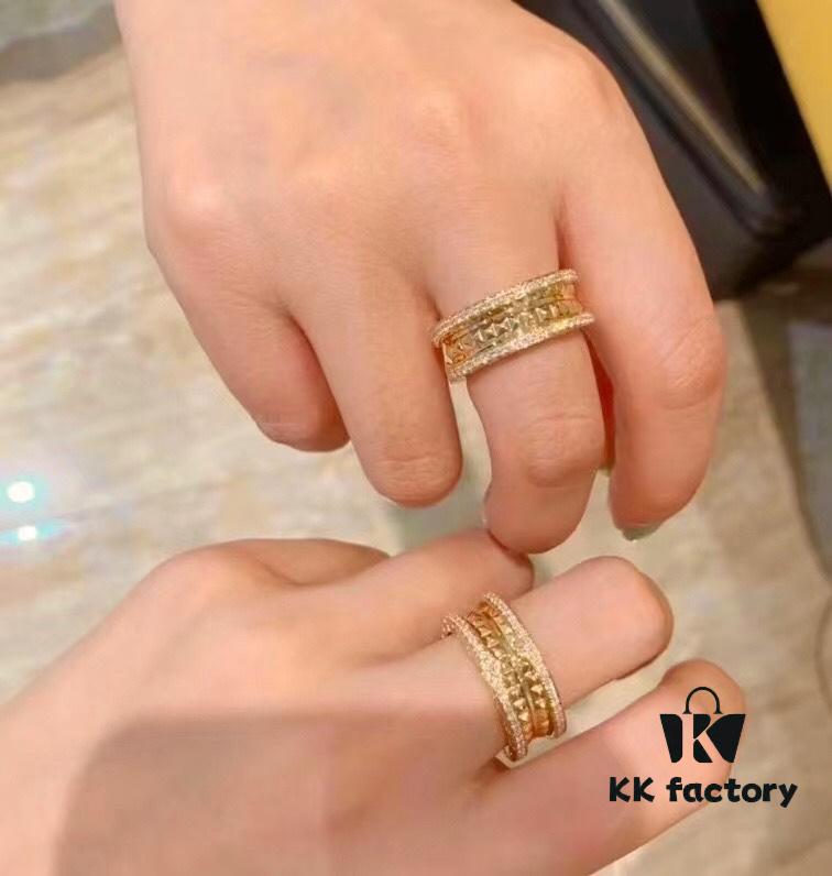 New BVLGARI B.zero1 Rock Series Spring Ring with Rivet Design, Full Diamond Inlay, Unisex Couple Rings