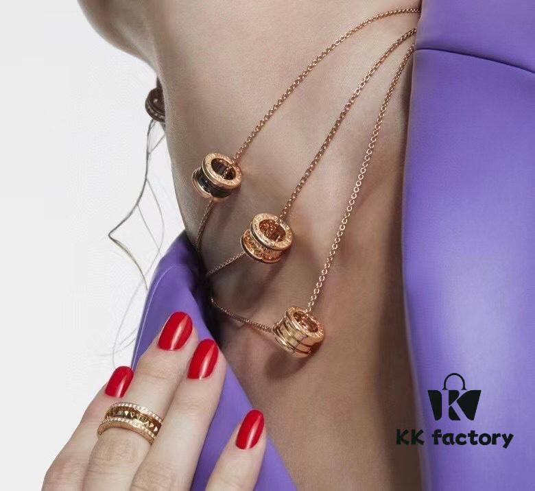 New BVLGARI B.zero1 Rock Series Spring Ring with Rivet Design, Full Diamond Inlay, Unisex Couple Rings