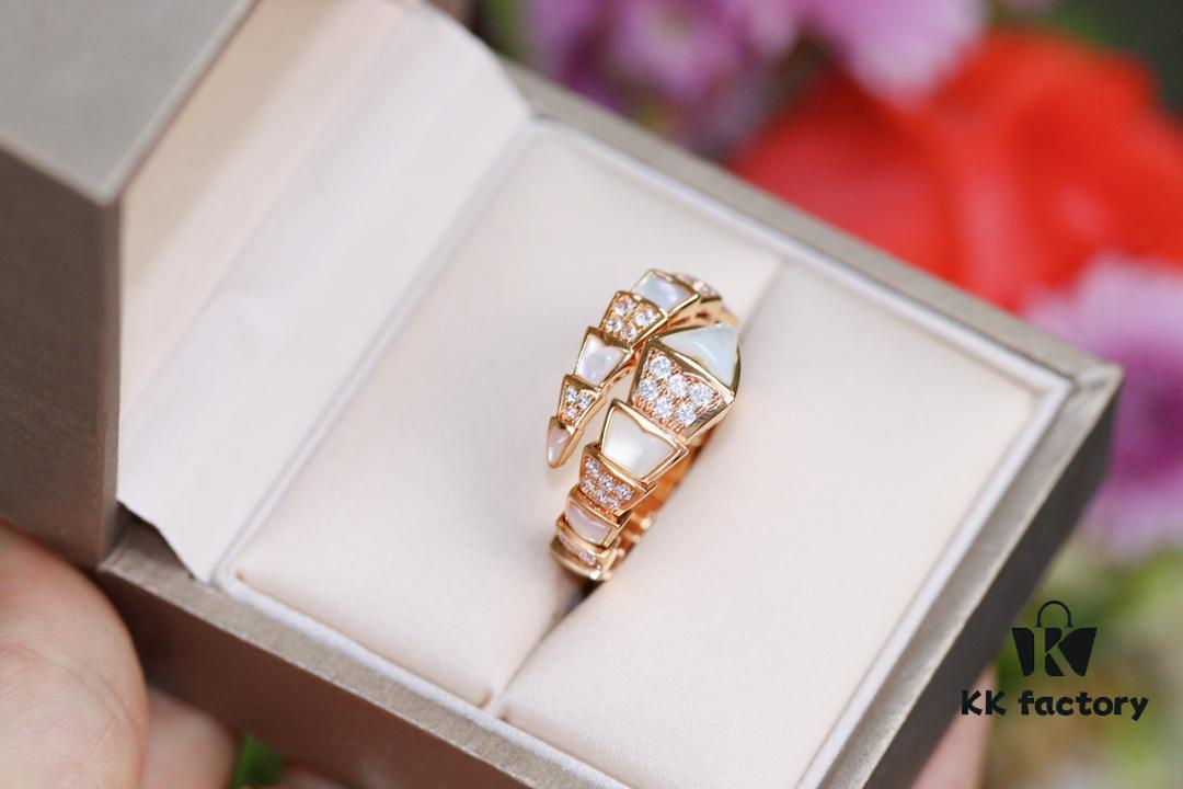 Bvlgari Serpenti Series White Mother-of-Pearl Diamond-Inlaid Snake Ring, V Gold Material with Imported High-Carbon Diamonds, Hand-Set, Adjustable Unisex Ring