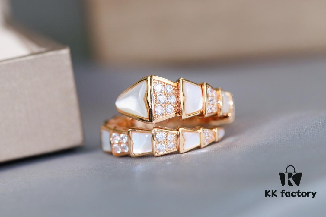 Bvlgari Serpenti Series White Mother-of-Pearl Diamond-Inlaid Snake Ring, V Gold Material with Imported High-Carbon Diamonds, Hand-Set, Adjustable Unisex Ring