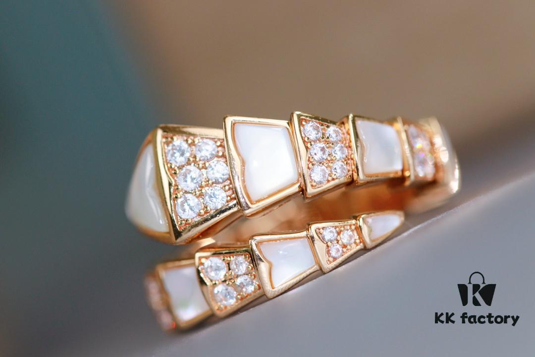 Bvlgari Serpenti Series White Mother-of-Pearl Diamond-Inlaid Snake Ring, V Gold Material with Imported High-Carbon Diamonds, Hand-Set, Adjustable Unisex Ring