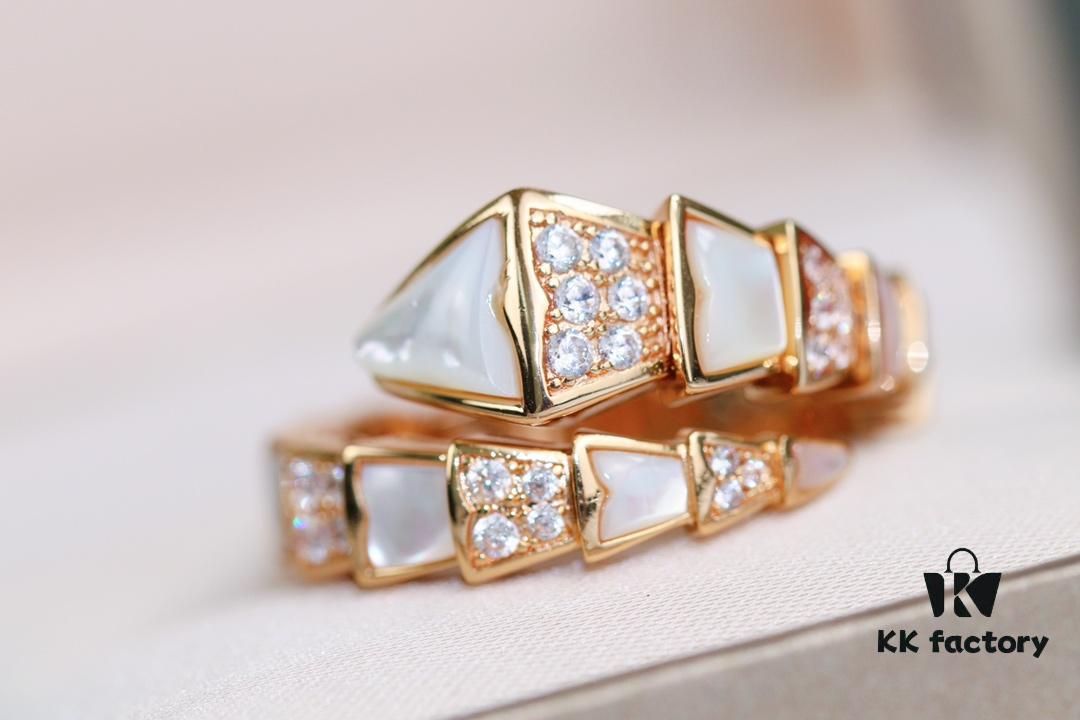 Bvlgari Serpenti Series White Mother-of-Pearl Diamond-Inlaid Snake Ring, V Gold Material with Imported High-Carbon Diamonds, Hand-Set, Adjustable Unisex Ring