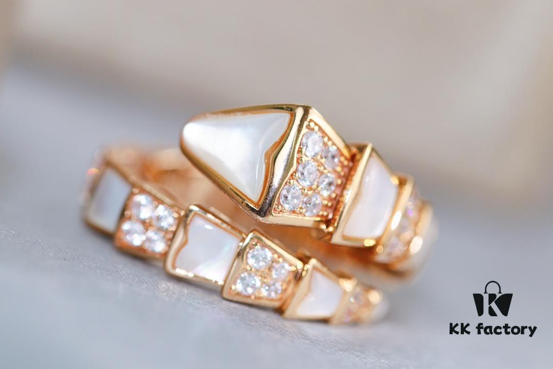 Bvlgari Serpenti Series White Mother-of-Pearl Diamond-Inlaid Snake Ring, V Gold Material with Imported High-Carbon Diamonds, Hand-Set, Adjustable Unisex Ring