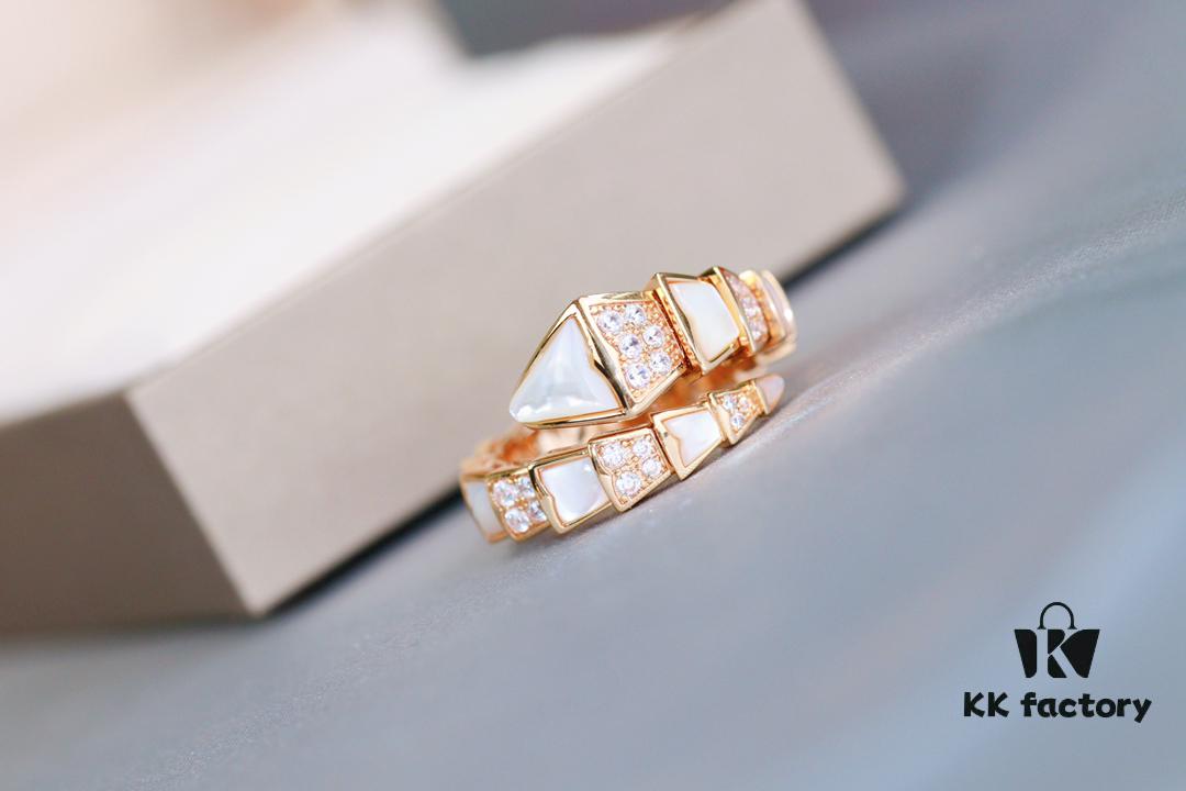 Bvlgari Serpenti Series White Mother-of-Pearl Diamond-Inlaid Snake Ring, V Gold Material with Imported High-Carbon Diamonds, Hand-Set, Adjustable Unisex Ring