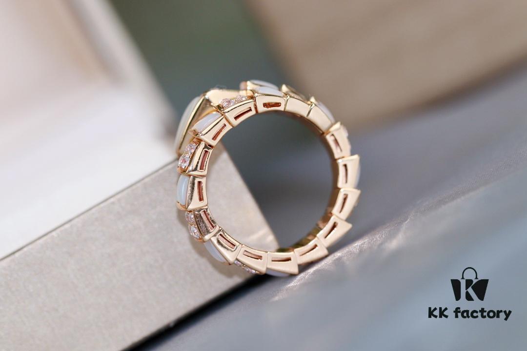 Bvlgari Serpenti Series White Mother-of-Pearl Diamond-Inlaid Snake Ring, V Gold Material with Imported High-Carbon Diamonds, Hand-Set, Adjustable Unisex Ring