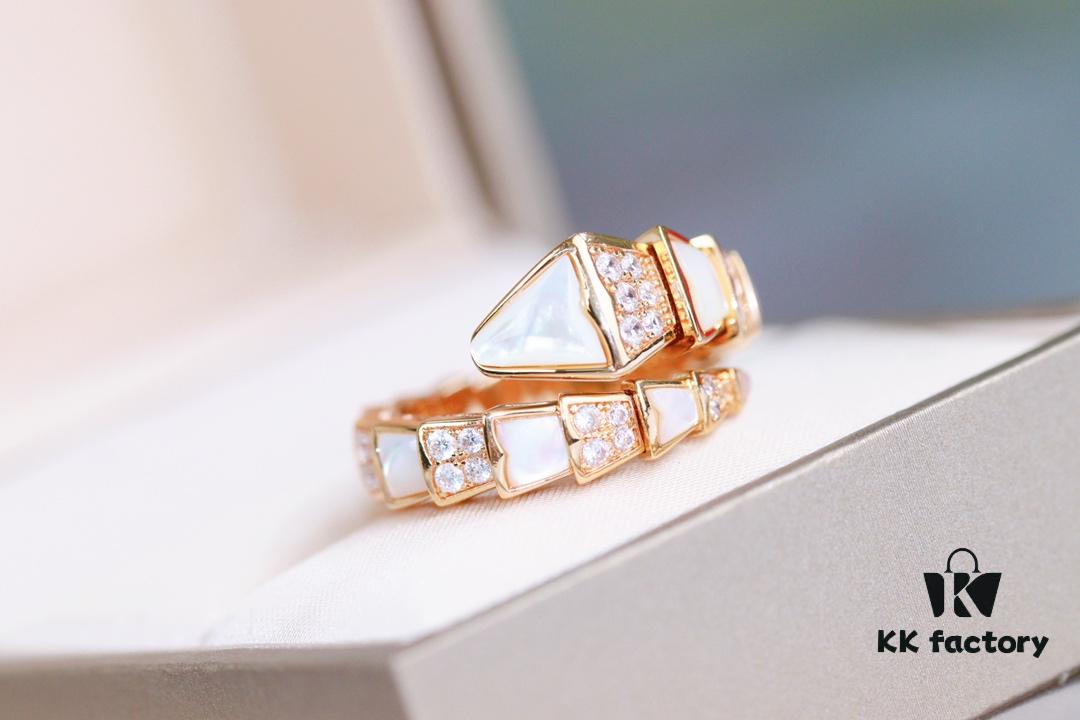 Bvlgari Serpenti Series White Mother-of-Pearl Diamond-Inlaid Snake Ring, V Gold Material with Imported High-Carbon Diamonds, Hand-Set, Adjustable Unisex Ring