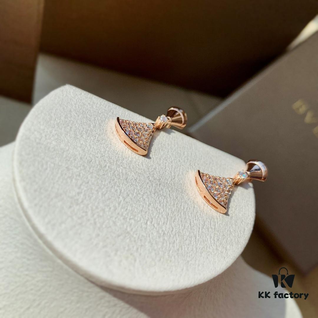 BVLGARI Bulgari Series Rose Gold Round Stud Earrings and Sparkling Diamond Fan-Shaped Drop Earrings