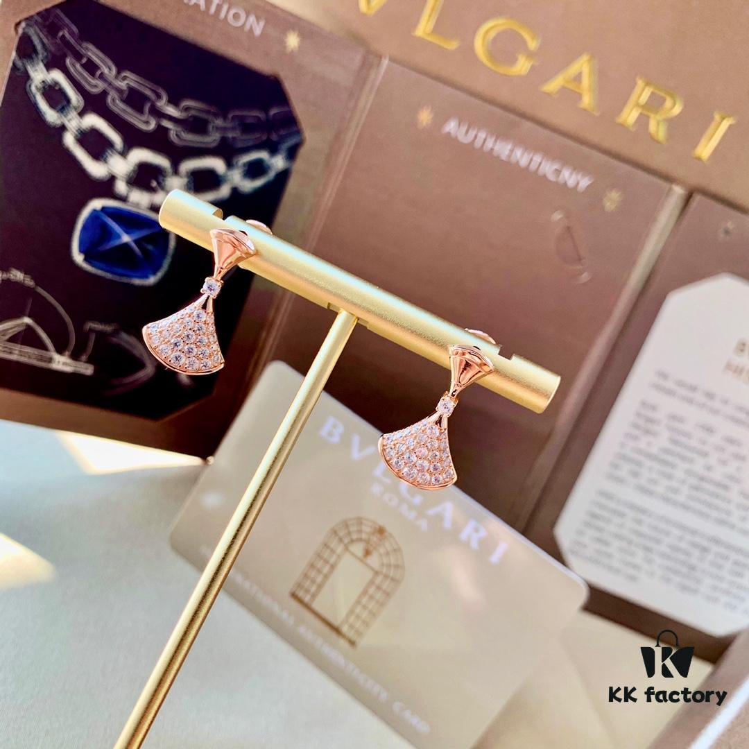 BVLGARI Bulgari Series Rose Gold Round Stud Earrings and Sparkling Diamond Fan-Shaped Drop Earrings