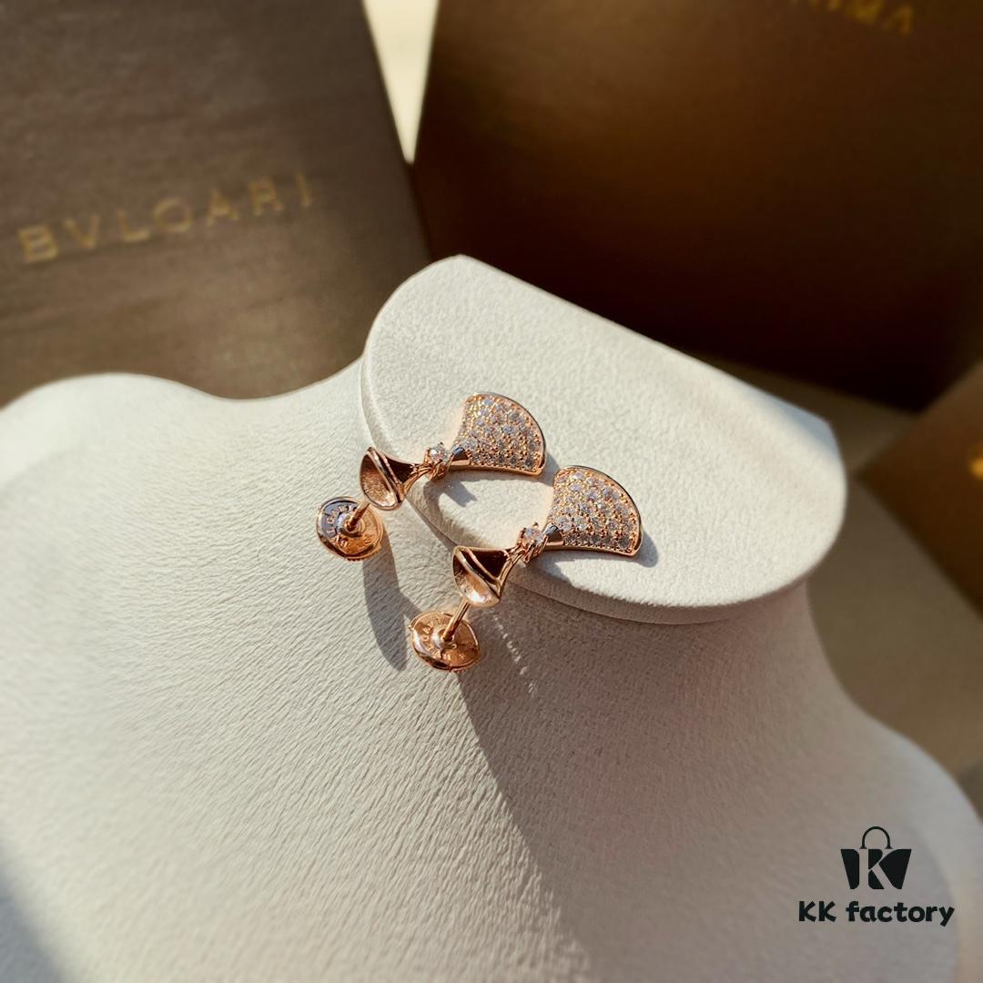 BVLGARI Bulgari Series Rose Gold Round Stud Earrings and Sparkling Diamond Fan-Shaped Drop Earrings