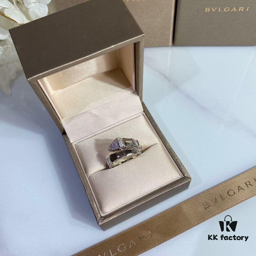 925 Bvlgari Single Circle Smooth Snake Ring with Diamond Head
