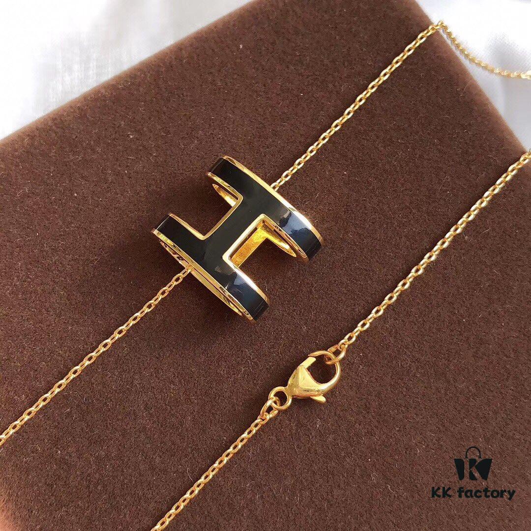 Hermès Enamel Curved H Necklace in Gold Tones