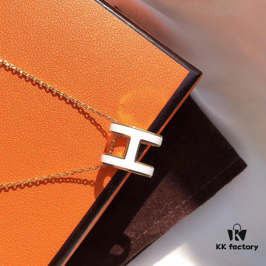 Hermès Enamel Curved H Necklace in Gold Tones