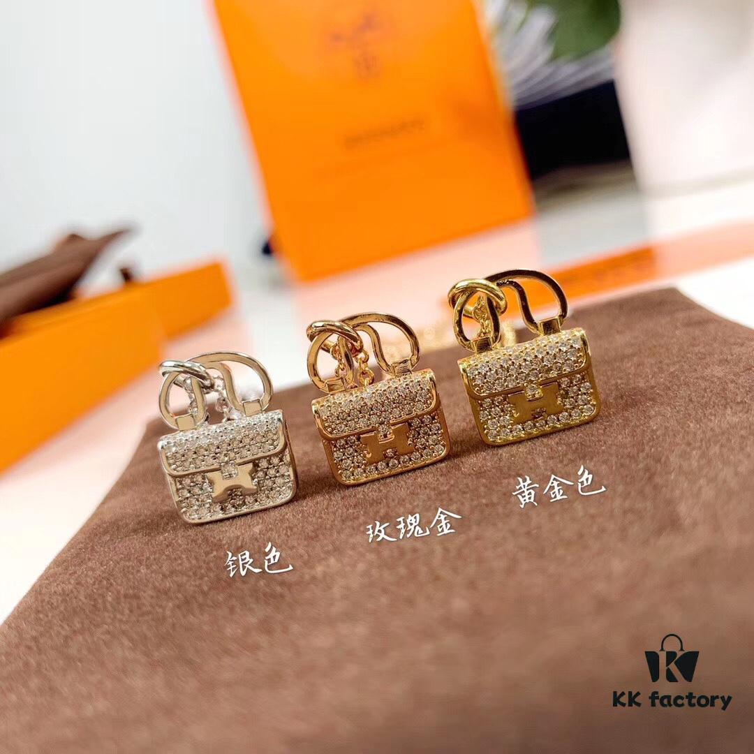 Hermes HERMES Bag Pendant Necklace, 925 Sterling Silver Plated with 18K Gold, Full Diamond and Logo Design, Available in Gold, Rose Gold, and Silver