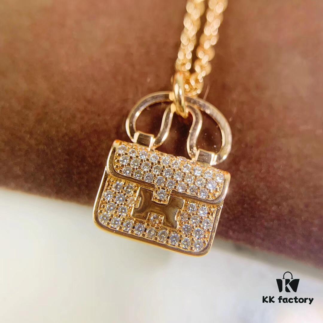 Hermes HERMES Bag Pendant Necklace, 925 Sterling Silver Plated with 18K Gold, Full Diamond and Logo Design, Available in Gold, Rose Gold, and Silver