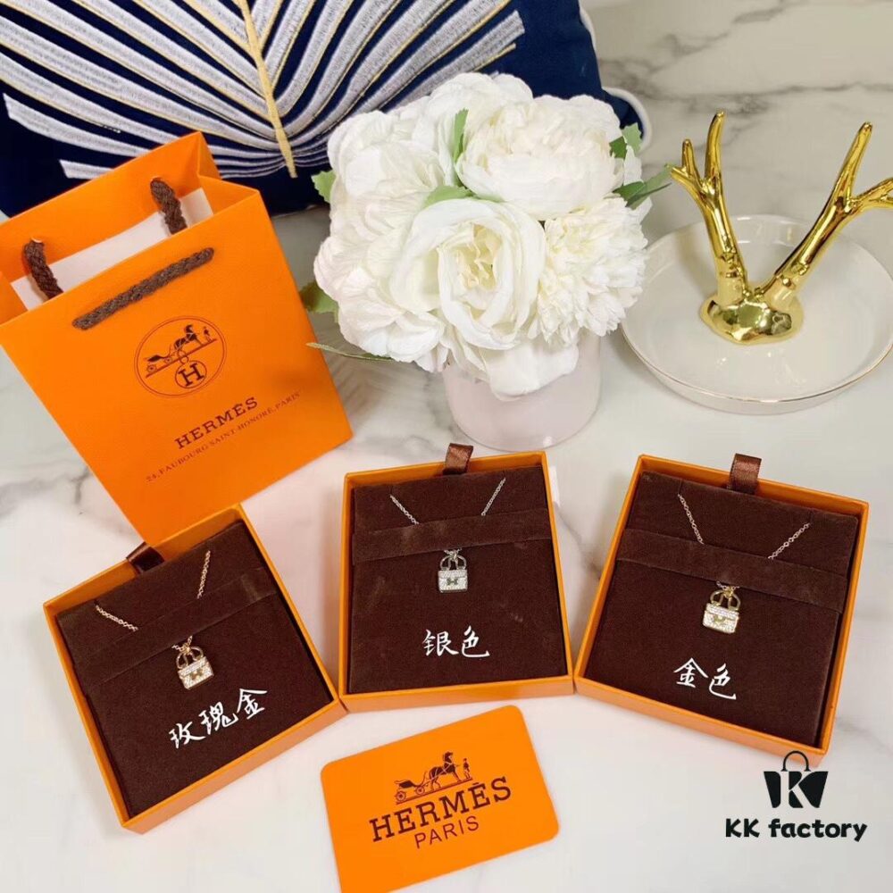 Hermes HERMES Bag Pendant Necklace, 925 Sterling Silver Plated with 18K Gold, Full Diamond and Logo Design, Available in Gold, Rose Gold, and Silver