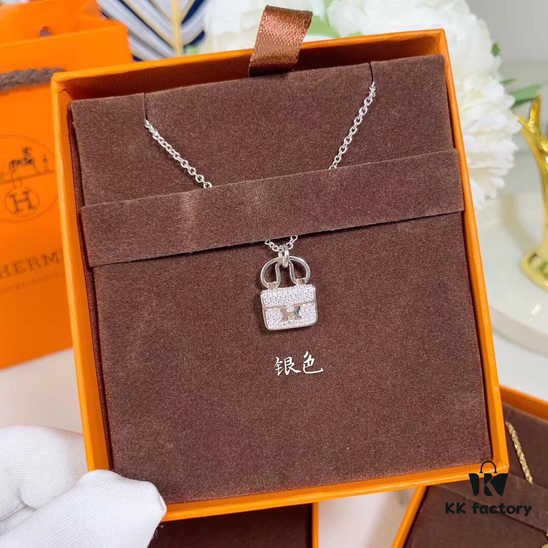 Hermes HERMES Bag Pendant Necklace, 925 Sterling Silver Plated with 18K Gold, Full Diamond and Logo Design, Available in Gold, Rose Gold, and Silver