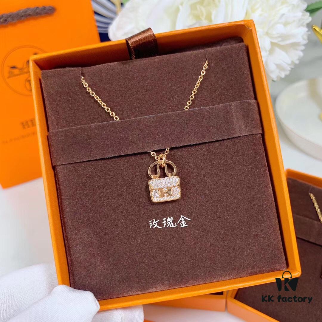 Hermes HERMES Bag Pendant Necklace, 925 Sterling Silver Plated with 18K Gold, Full Diamond and Logo Design, Available in Gold, Rose Gold, and Silver