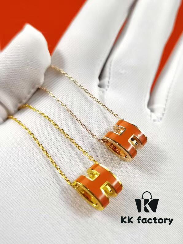 Mini POP Hermès H Necklace, Each with Unique Code, Mijin Electroplating! Hermès Enamel Curved H Necklace, Gold, Rose Gold, and White Gold Chain Options, Official Store Logo Anti-Counterfeit Tag
