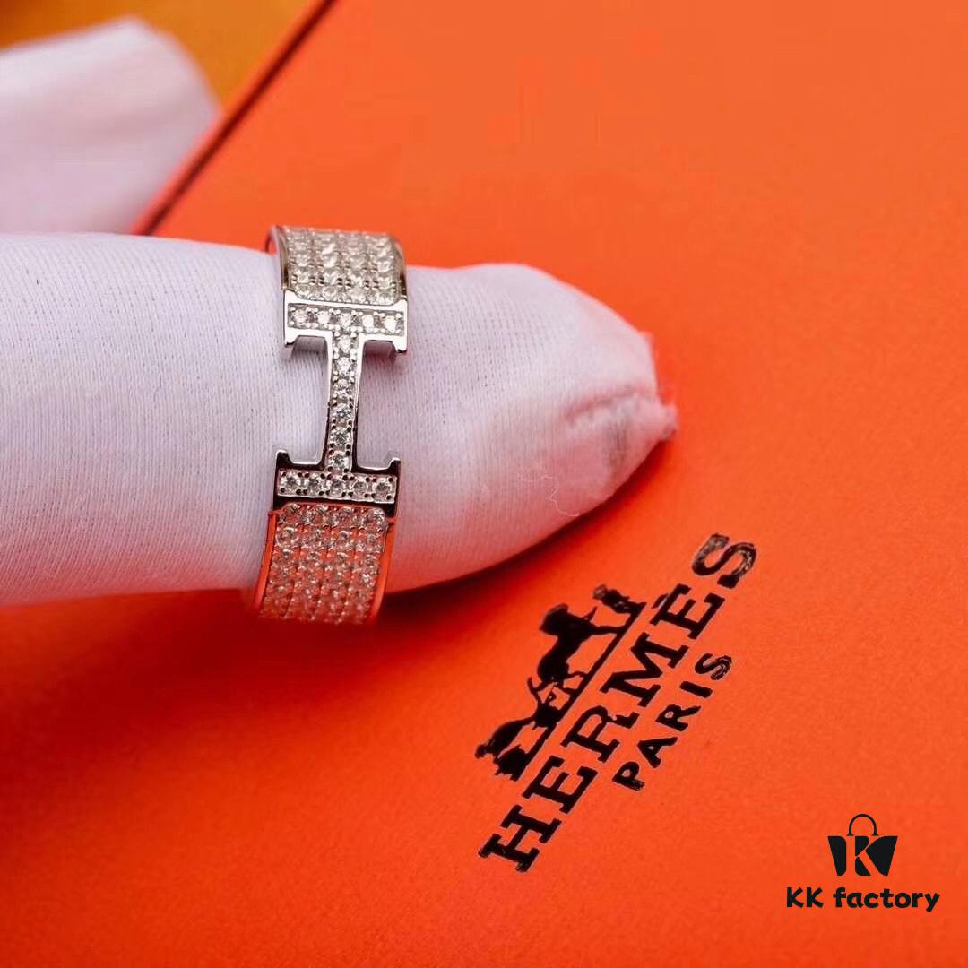 Hermès Counter Synchronized Popular H Full Diamond Classic Ring | Premium 925 Sterling Silver Custom-Made Diamond-Encrusted Ring | Street Snap Fashion Essential