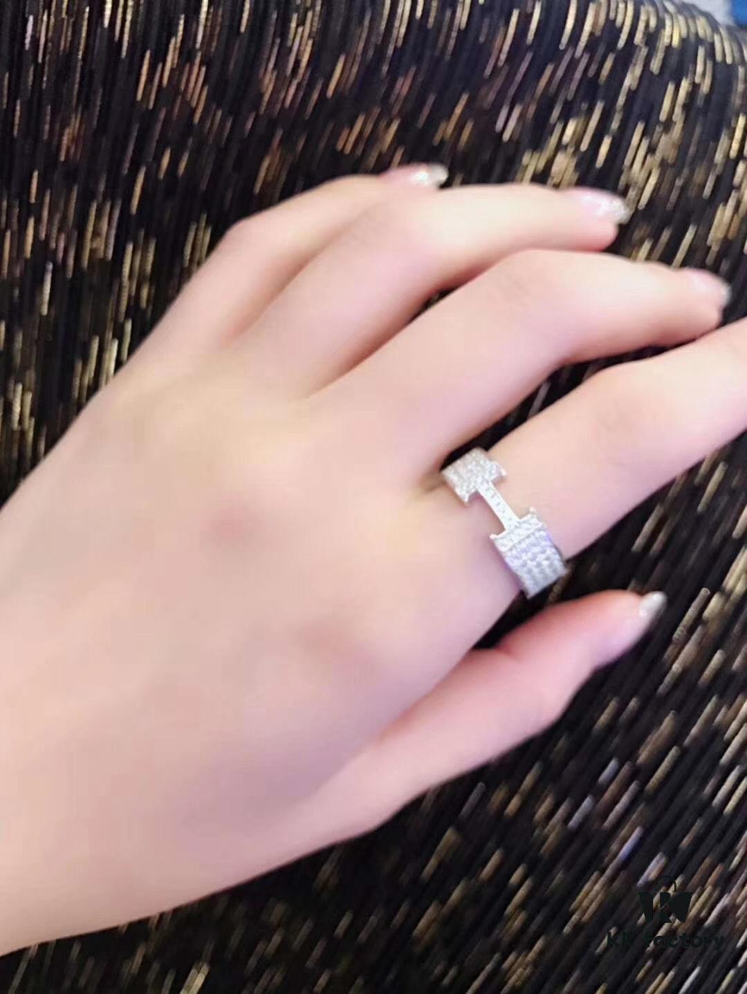 Hermès Counter Synchronized Popular H Full Diamond Classic Ring | Premium 925 Sterling Silver Custom-Made Diamond-Encrusted Ring | Street Snap Fashion Essential