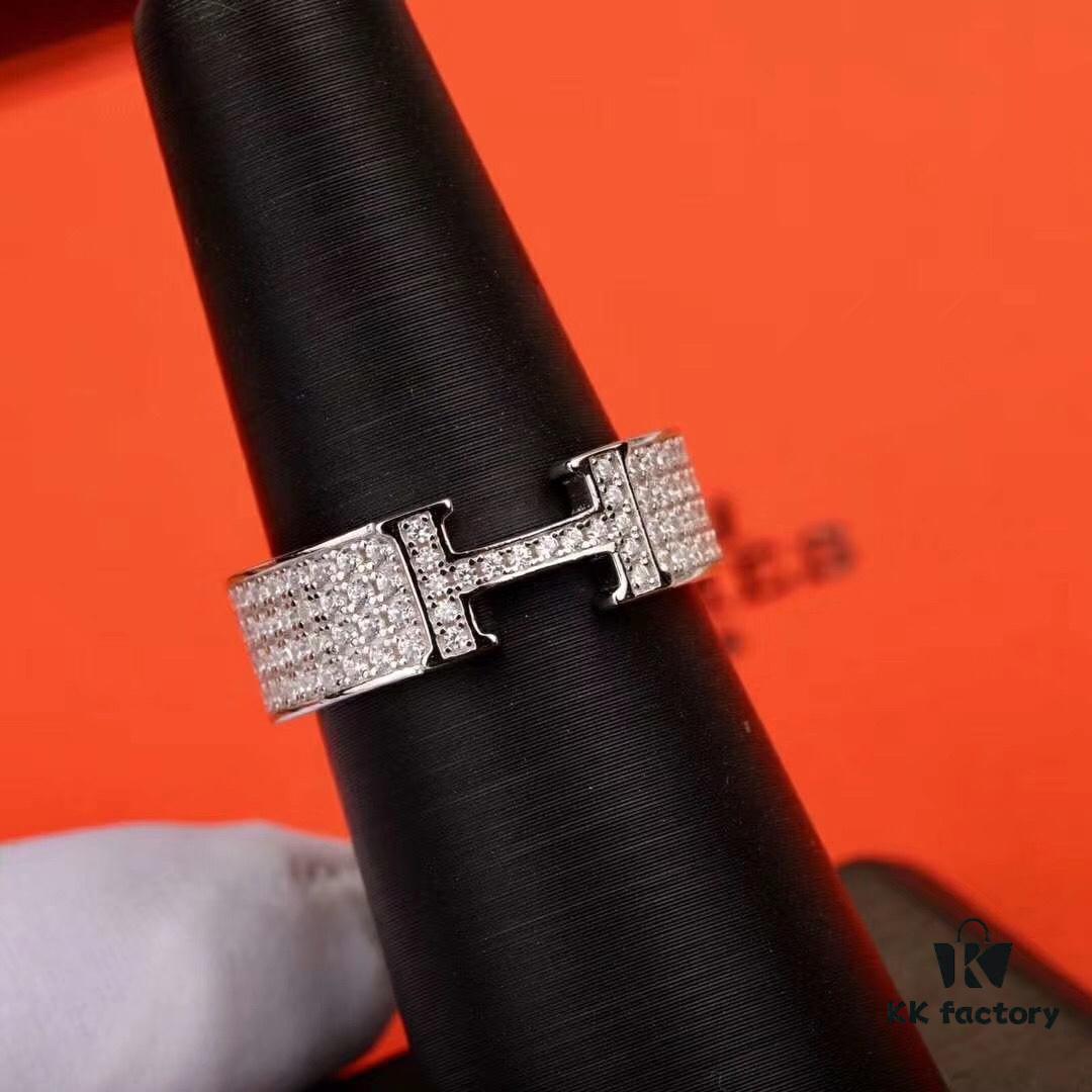 Hermès Counter Synchronized Popular H Full Diamond Classic Ring | Premium 925 Sterling Silver Custom-Made Diamond-Encrusted Ring | Street Snap Fashion Essential