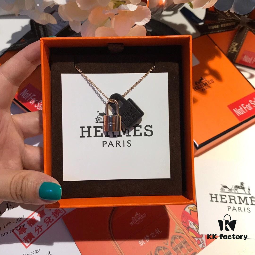 Hermès New Leather Lock Necklace in Rose Gold & White Gold
