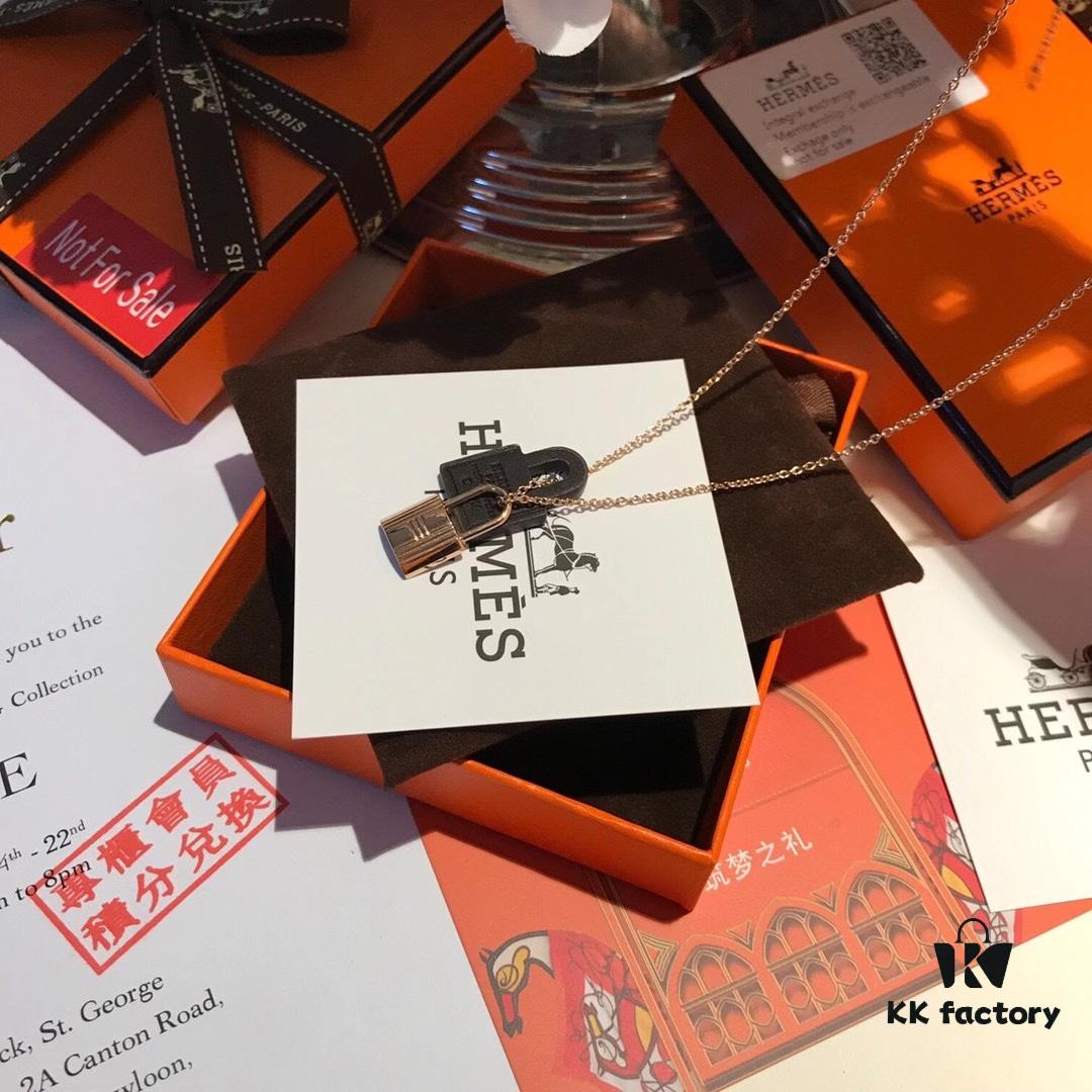 Hermès New Leather Lock Necklace in Rose Gold & White Gold