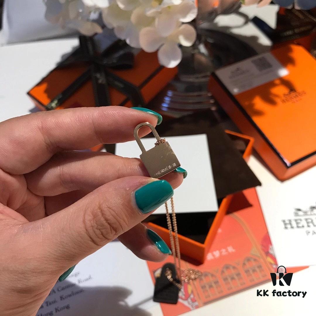 Hermès New Leather Lock Necklace in Rose Gold & White Gold