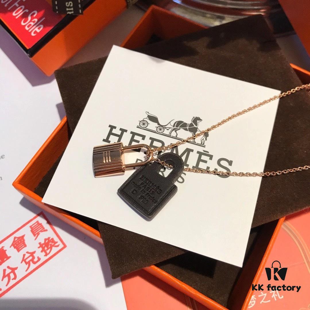 Hermès New Leather Lock Necklace in Rose Gold & White Gold