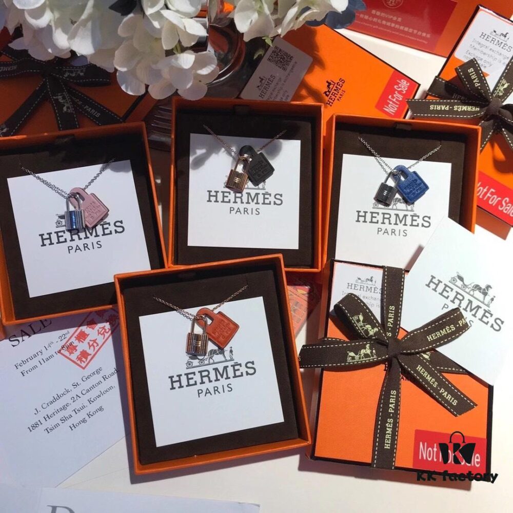 Hermès New Leather Lock Necklace in Rose Gold & White Gold