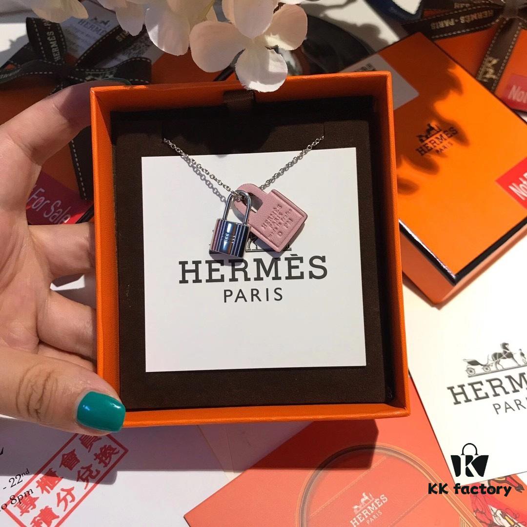 Hermès New Leather Lock Necklace in Rose Gold & White Gold