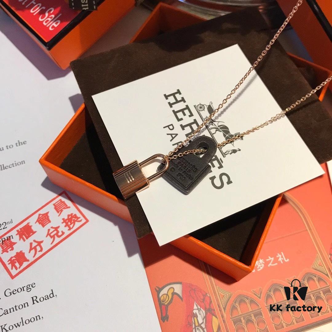 Hermès New Leather Lock Necklace in Rose Gold & White Gold