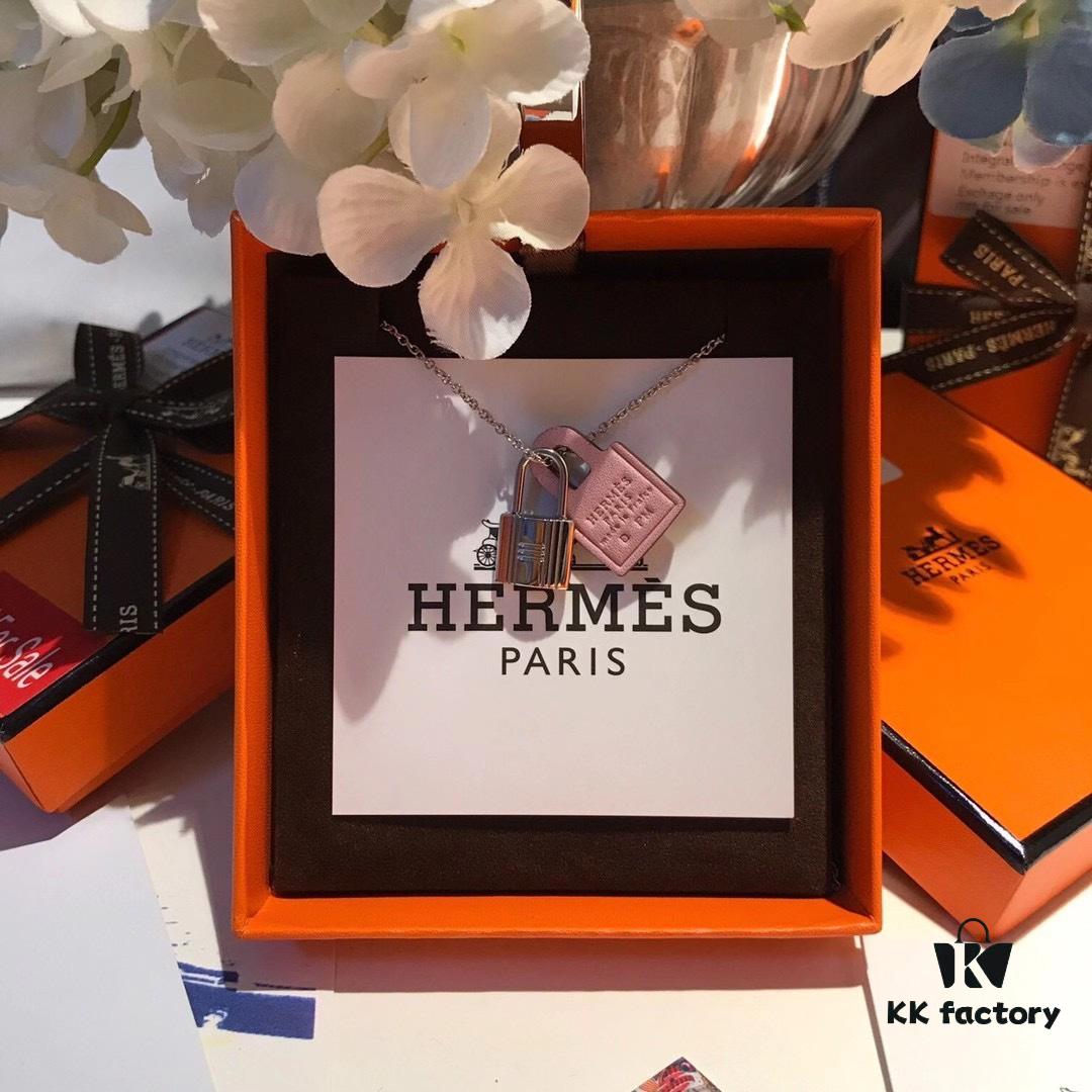 Hermès New Leather Lock Necklace in Rose Gold & White Gold