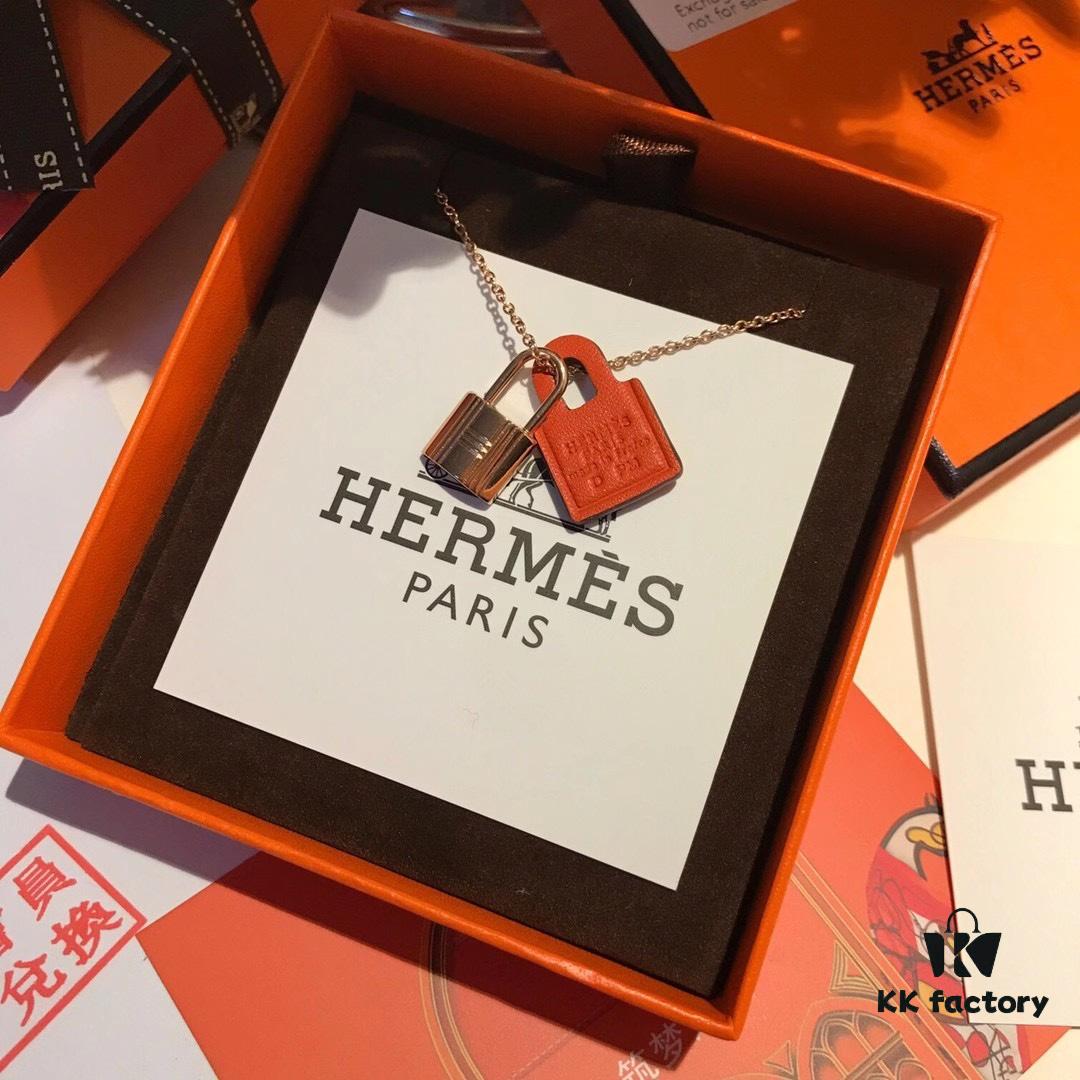 Hermès New Leather Lock Necklace in Rose Gold & White Gold