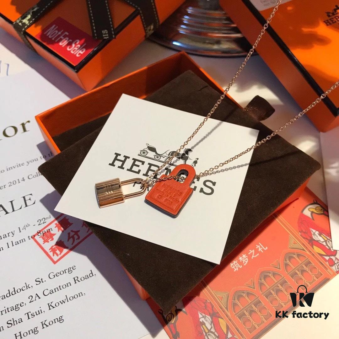 Hermès New Leather Lock Necklace in Rose Gold & White Gold