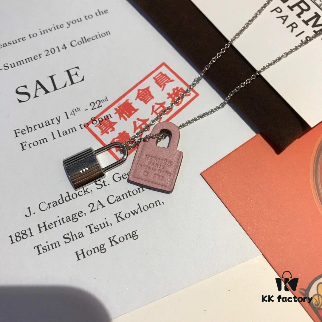 Hermès New Leather Lock Necklace in Rose Gold & White Gold