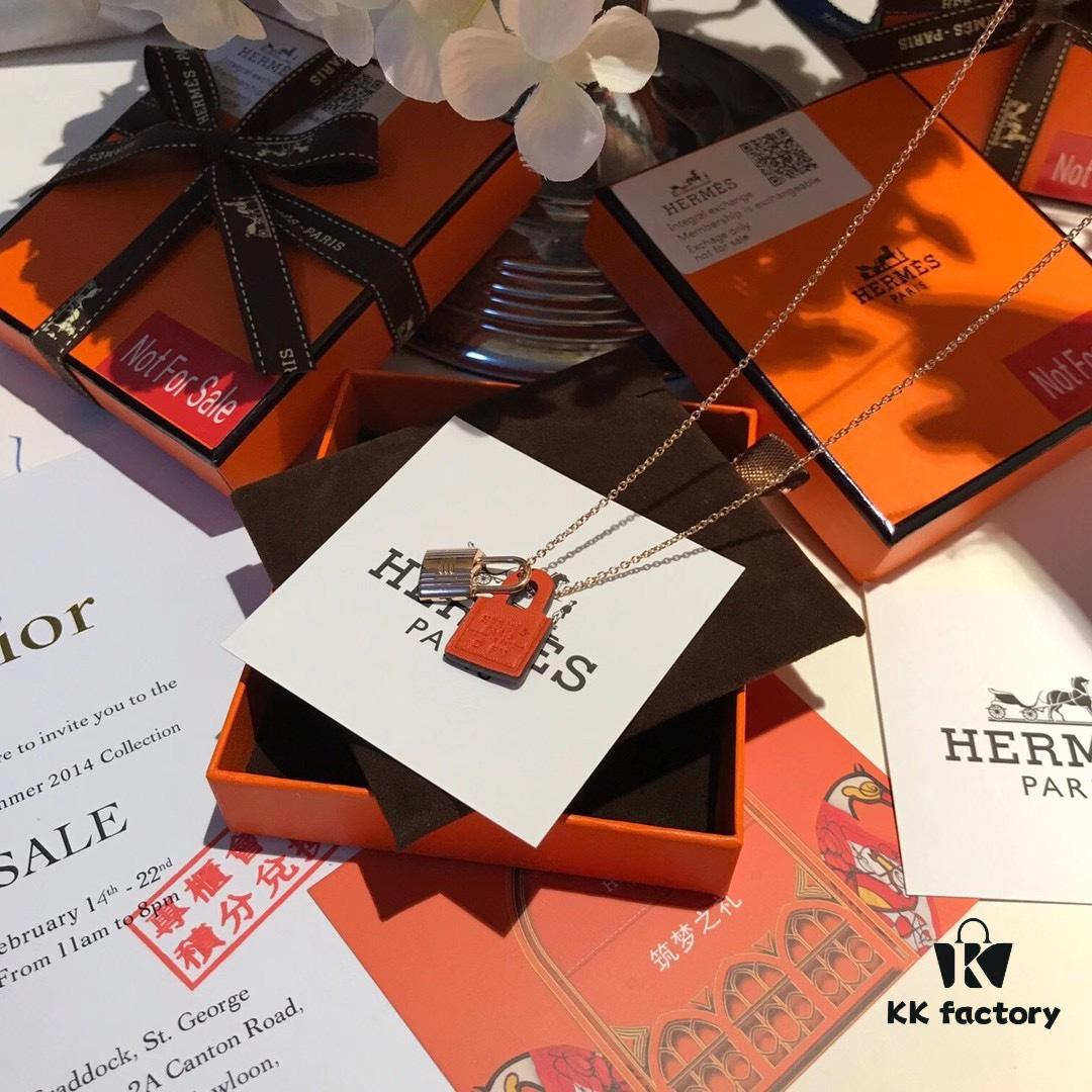 Hermès New Leather Lock Necklace in Rose Gold & White Gold