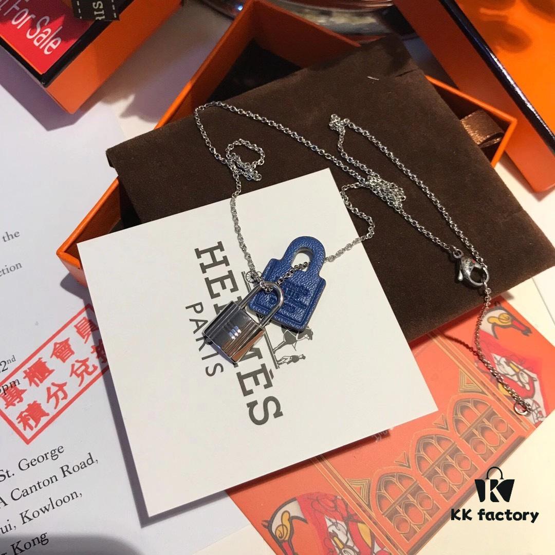 Hermès New Leather Lock Necklace in Rose Gold & White Gold