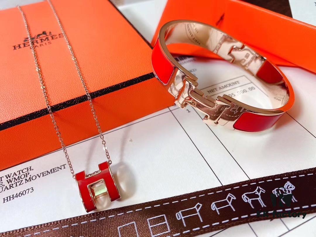 Hermès Bracelet & H Necklace Set - Premium Quality, Rose Gold, Classic Red, Long-Lasting Color