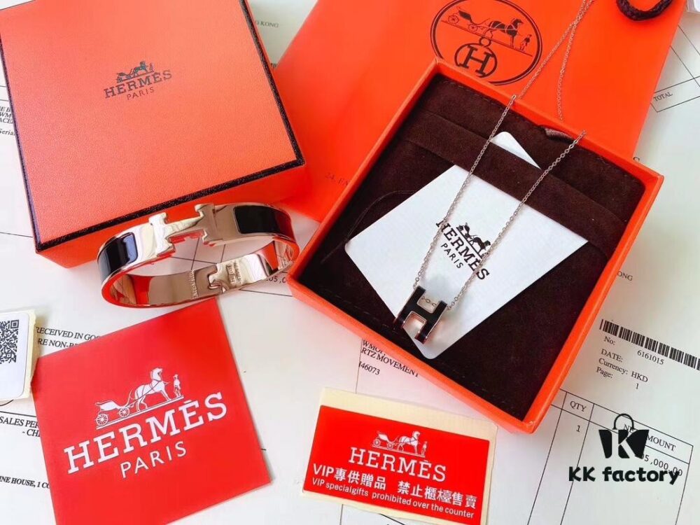 Hermès Bracelet & H Necklace Set - Premium Quality, Rose Gold & Classic Black, Long-Lasting Color